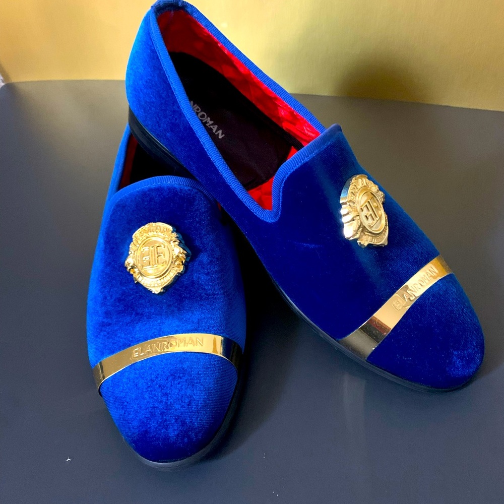 Men’s Royal Blue & Gold Velvet Loafers
